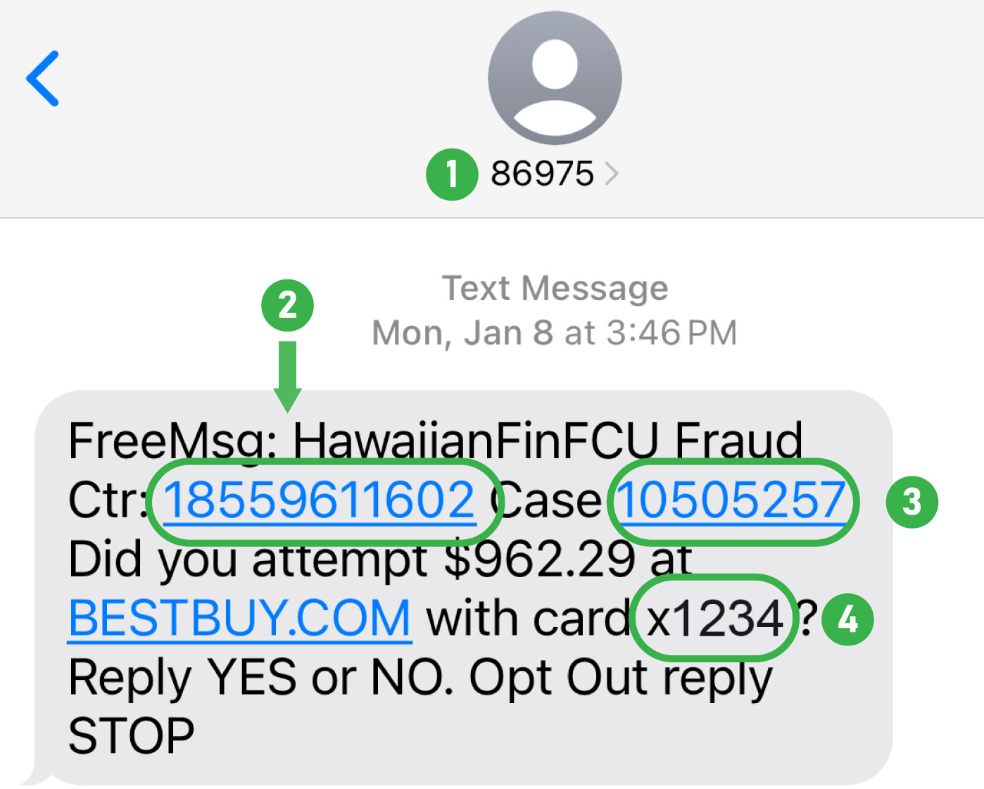 Verified text message: FreeMsg: HawaiianFinFCU Fraud Ctr: 18559611602 Case 10505257 Did you attempt $962.29 at BESTBUY.COM with card x1234? Reply YES or NO. Opt Out reply STOP